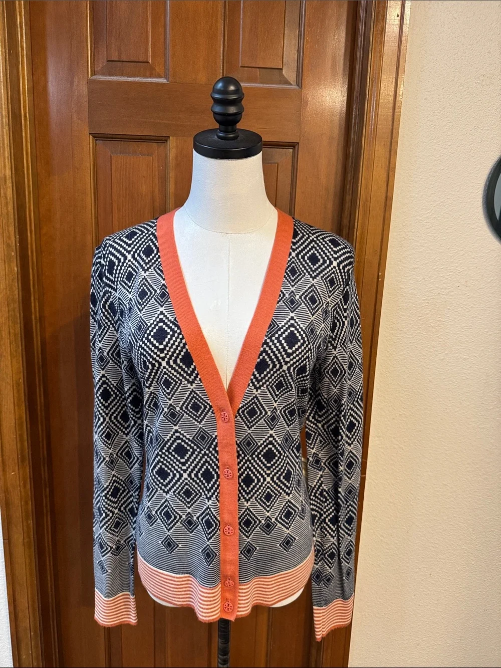 Tory Burch Navy, Cream and Coral Geometric Button Cardigan Size M